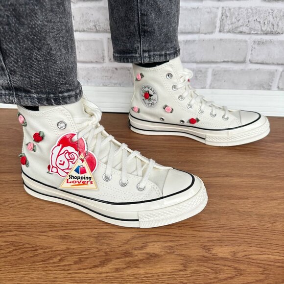 🌹Converse Chuck 70 Valentine 3D Rose Embroidered Hi 6 Men's Beige Heart A10637C - Picture 9 of 11